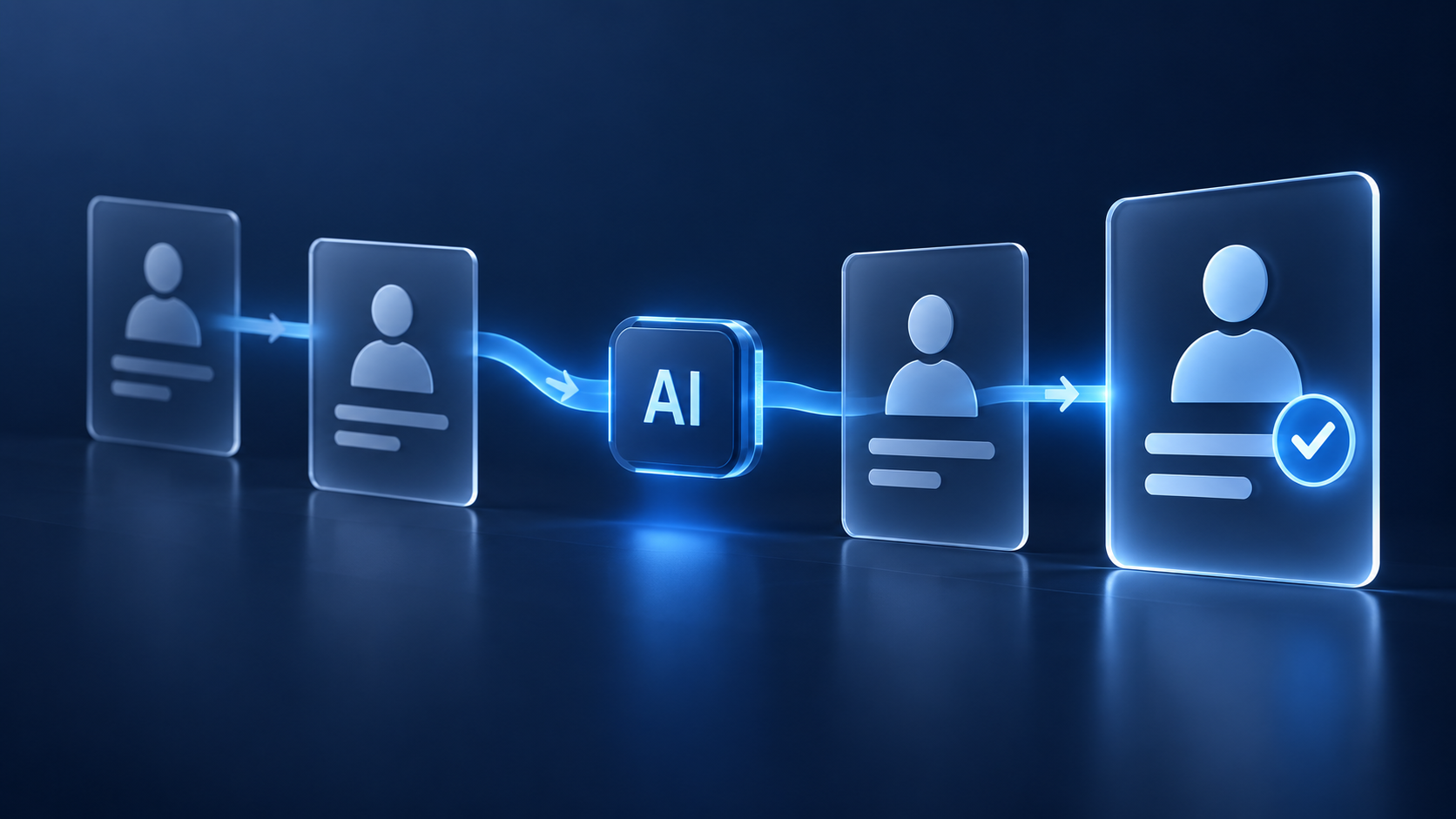 A digital graphic shows AI automation processing human profile icons in sequence, with arrows connecting each profile, and the final profile—representing streamlined staffing operations—marked with a blue check.