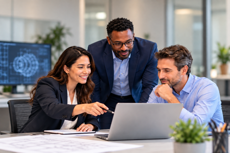 Three IT and engineering staffing colleagues in a modern office review a project on a laptop.