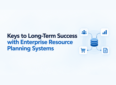 An icon of a central database connected to people, data charts, a shopping cart, and a document, next to text titled Keys to Long-Term Success with Enterprise Resource Planning Systems.