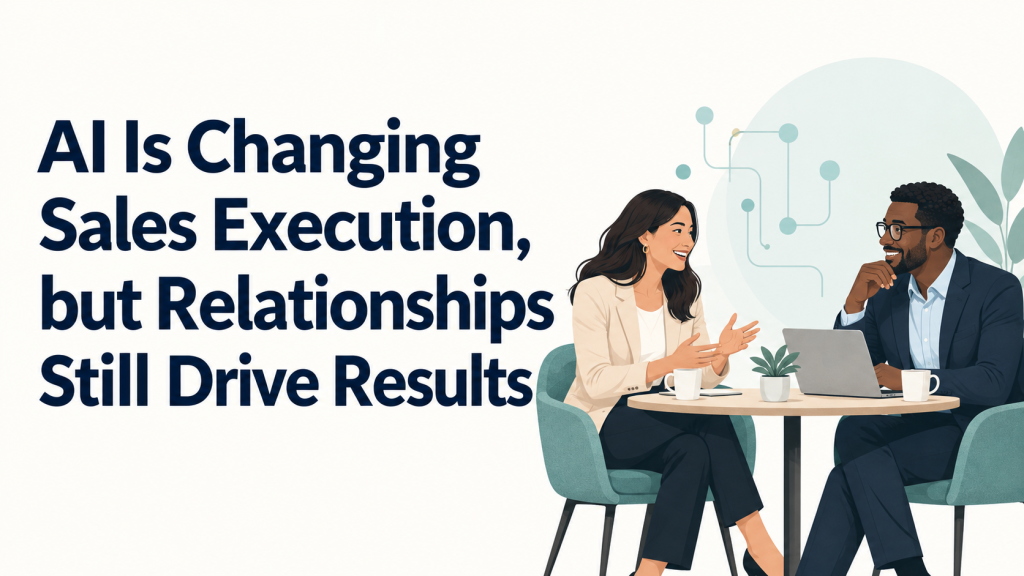 AI Is Changing Sales Execution, but Relationships Still Drive Results 1 A man and a woman sit at a table talking while working on a laptop, alongside text reading AI Is Changing Sales Execution, but Relationships Still Drive Results.