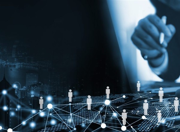 A person in a suit using a stylus near a glowing digital network graphic of AI agents connected by lines over a silhouette of a city.