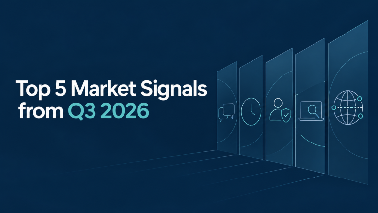 Text reading Top 5 Market Signals from Q3 2026 next to five vertical panels featuring icons for speech bubbles, a clock, a user with a shield, a laptop with a magnifying glass, and a globe representing key financial trends.