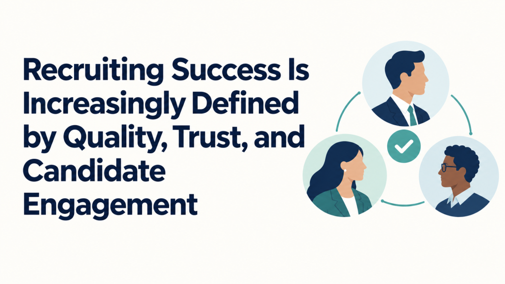Recruiting Success Is Increasingly Defined by Quality, Trust, and Candidate Engagement 2 Text reads: Recruiting success is defined by quality, trust, and candidate engagement, next to an illustration of three diverse professionals connected by arrows and a central checkmark icon.