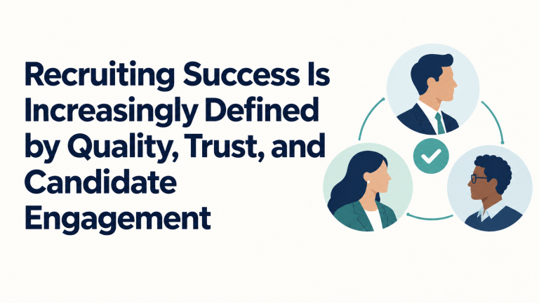 Text reads: Recruiting success is defined by quality, trust, and candidate engagement, next to an illustration of three diverse professionals connected by arrows and a central checkmark icon.