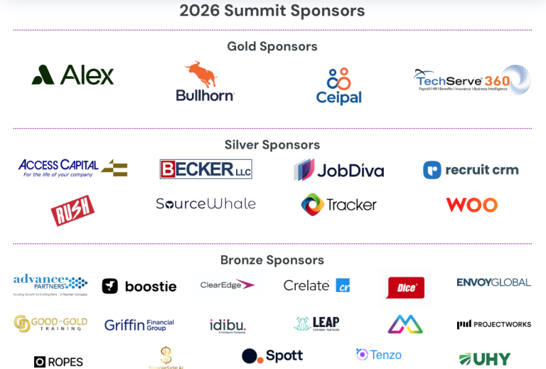 2026 Summit sponsors for the staffing conference, categorized by Gold, Silver, and Bronze tiers with their respective company logos.