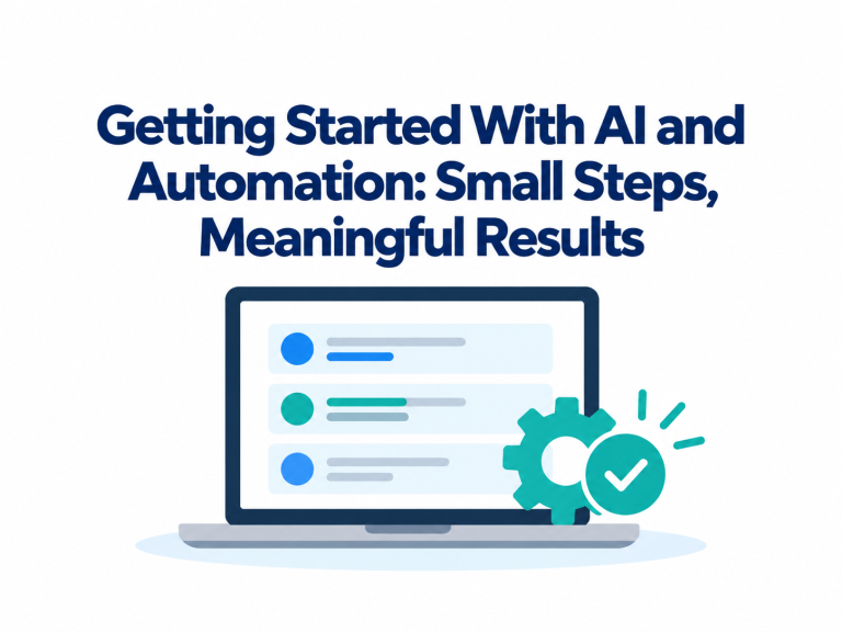 A laptop screen displaying a list next to a gear icon with a checkmark, illustrating small steps and meaningful results when getting started with AI and automation.