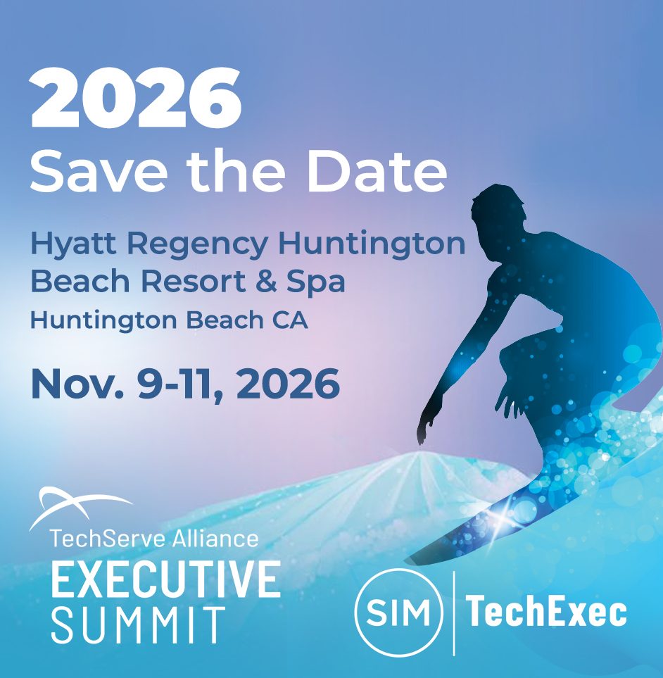 Save the date graphic for the 2026 TechServe Alliance Executive Summit staffing conference, Nov. 9-11, at Hyatt Regency Huntington Beach Resort & Spa, featuring a surfer silhouette and dynamic blue wave design.