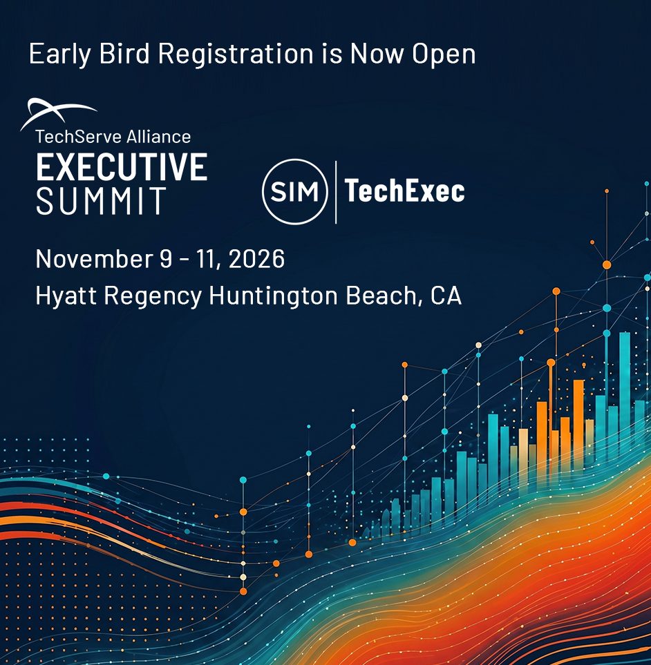 Event promo for the TechServe Alliance Executive Summit 2026, a premier staffing conference. Features dates (Nov 9-11), location (Hyatt Regency Huntington Beach, CA), logos, and a colorful abstract graph design on a dark background.